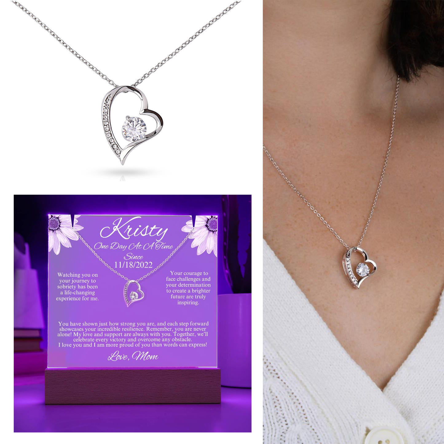 A Heartfelt Tribute to Woman in Recovery ~LED Acrylic Plaque Jewelry Gift Set: Custom Sober Date and Name