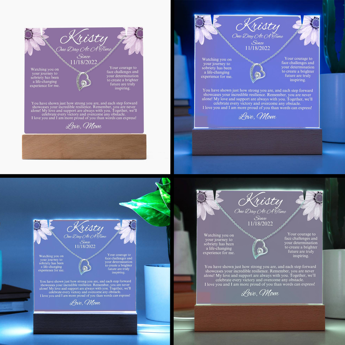 A Heartfelt Tribute to Woman in Recovery ~LED Acrylic Plaque Jewelry Gift Set: Custom Sober Date and Name