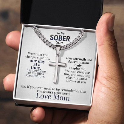 Celebrate Your Son's Sobriety Cross Necklace and Message Card