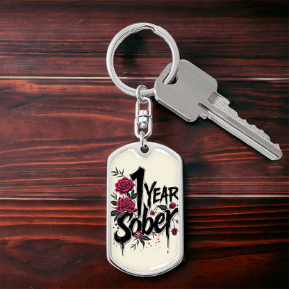 1 Year Sober Dog Tag Keychain - Personalized Sobriety Milestone Gift for Recovery