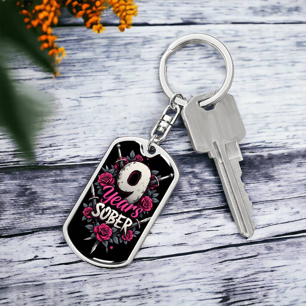 Personalized 9 Years Sober Dog Tag Keychain  | Engraved Sobriety Milestone Gift