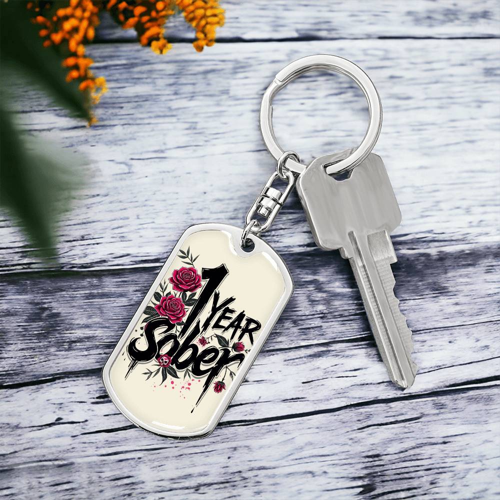 1 Year Sober Dog Tag Keychain - Personalized Sobriety Milestone Gift for Recovery