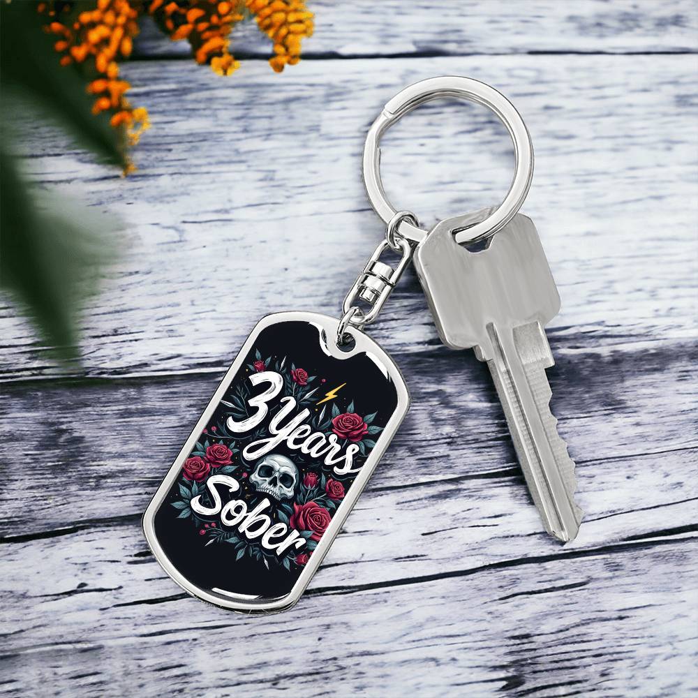 3 Year Sober Dog Tag Keychain - Personalized Sobriety Milestone Gift