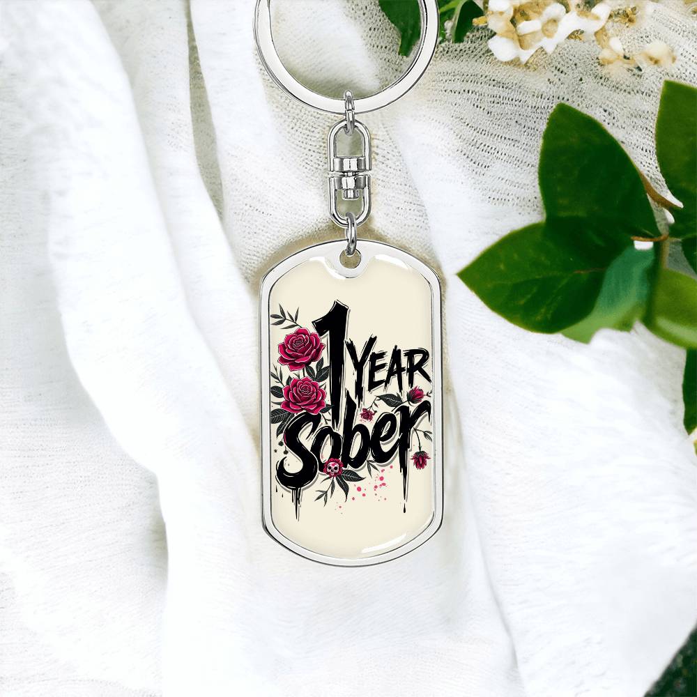 1 Year Sober Dog Tag Keychain - Personalized Sobriety Milestone Gift for Recovery