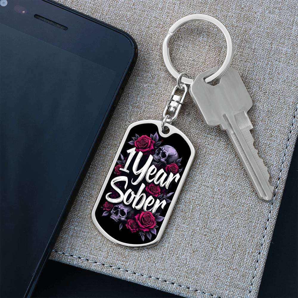 Personalized 1 Year Sober Dog Tag Keychain - Sobriety Milestone Gift