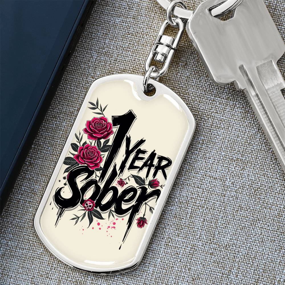 1 Year Sober Dog Tag Keychain - Personalized Sobriety Milestone Gift for Recovery