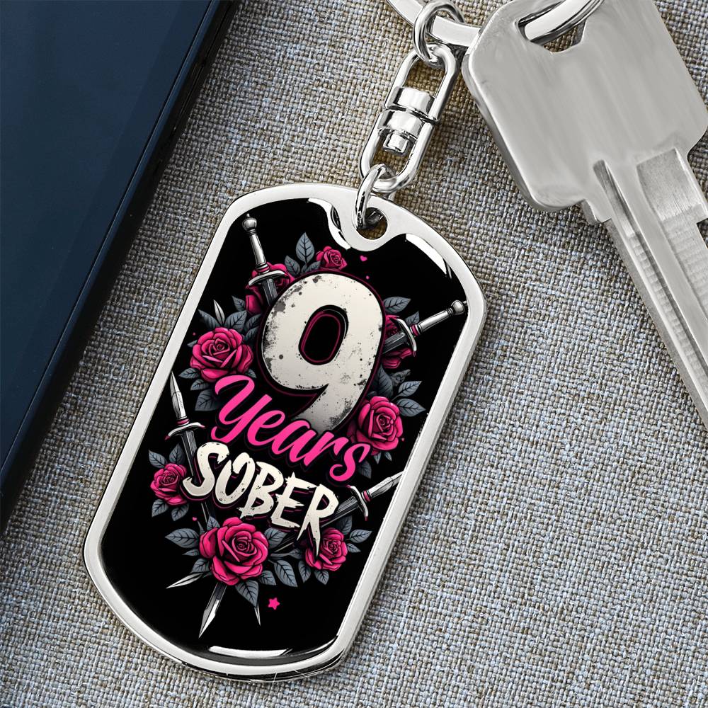 Personalized 9 Years Sober Dog Tag Keychain  | Engraved Sobriety Milestone Gift