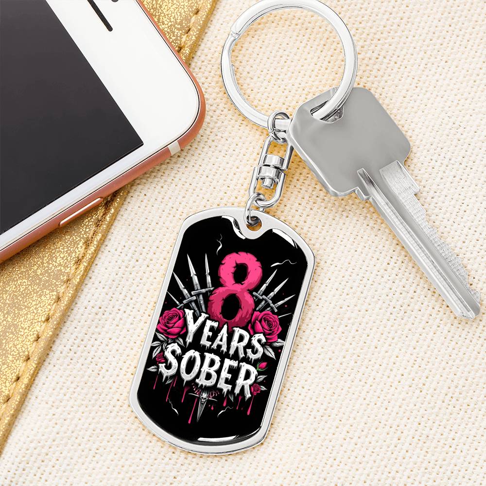 8 Year Sober Dog Tag Keychain - Personalized Sobriety Milestone Gift