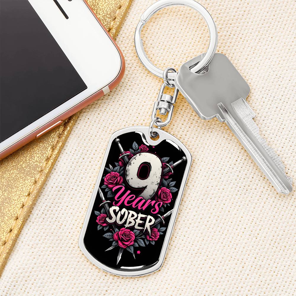 Personalized 9 Years Sober Dog Tag Keychain  | Engraved Sobriety Milestone Gift