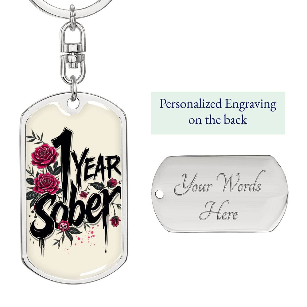 1 Year Sober Dog Tag Keychain - Personalized Sobriety Milestone Gift for Recovery