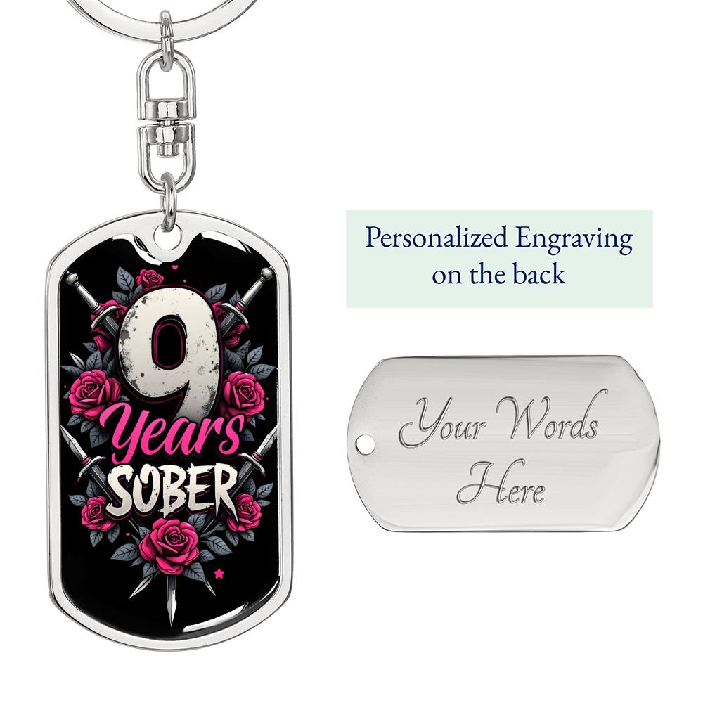 Personalized 9 Years Sober Dog Tag Keychain  | Engraved Sobriety Milestone Gift