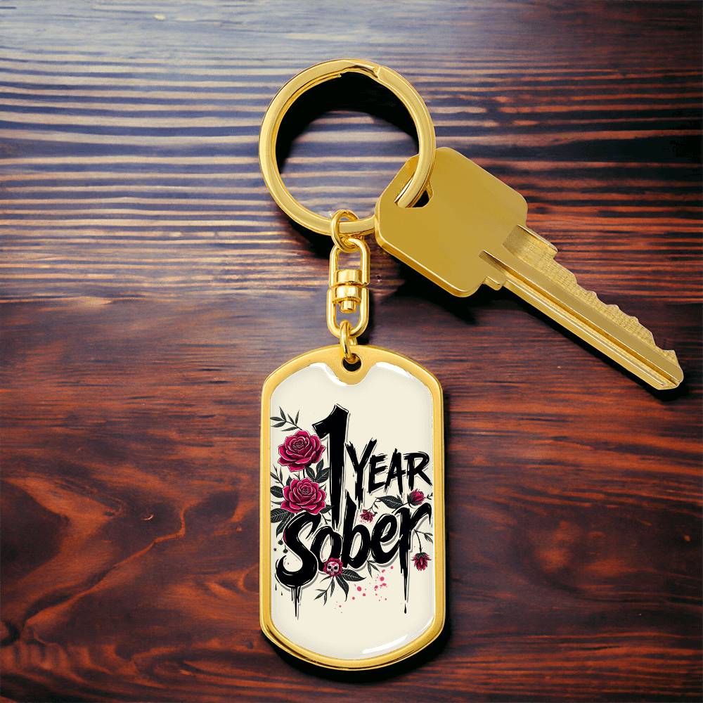 1 Year Sober Dog Tag Keychain - Personalized Sobriety Milestone Gift for Recovery