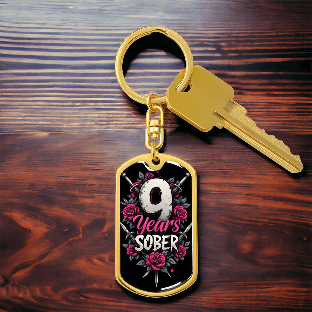 Personalized 9 Years Sober Dog Tag Keychain  | Engraved Sobriety Milestone Gift