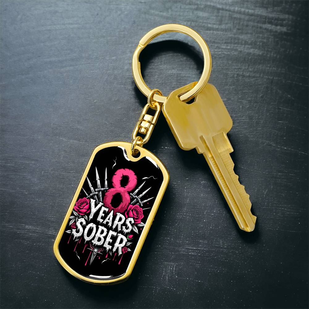 8 Year Sober Dog Tag Keychain - Personalized Sobriety Milestone Gift