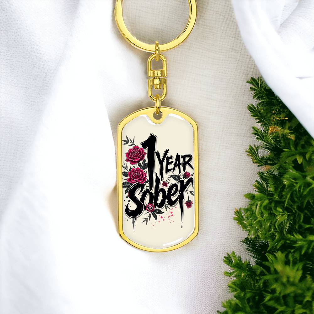 1 Year Sober Dog Tag Keychain - Personalized Sobriety Milestone Gift for Recovery