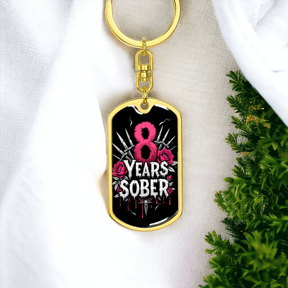 8 Year Sober Dog Tag Keychain - Personalized Sobriety Milestone Gift