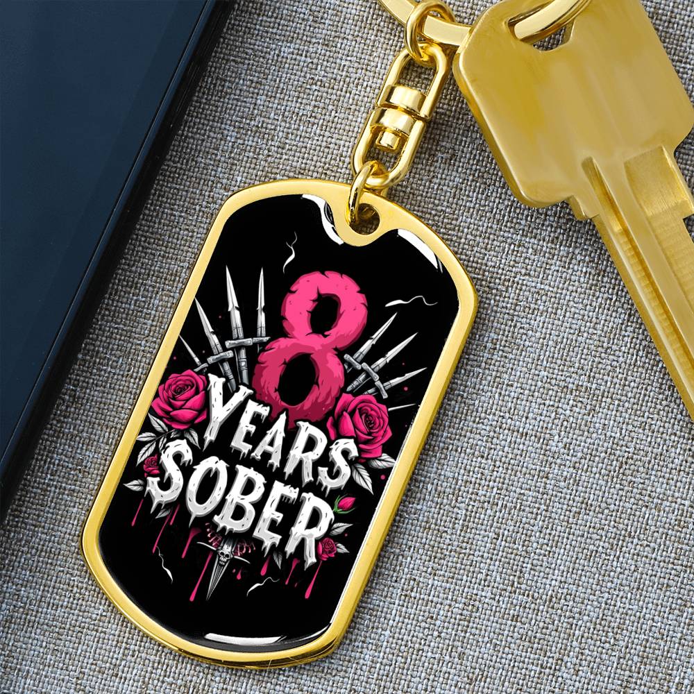 8 Year Sober Dog Tag Keychain - Personalized Sobriety Milestone Gift