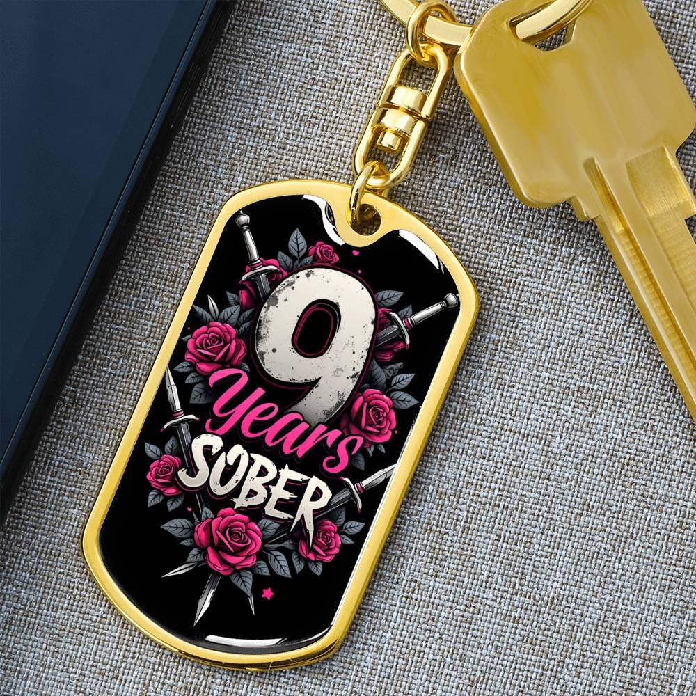 Personalized 9 Years Sober Dog Tag Keychain  | Engraved Sobriety Milestone Gift