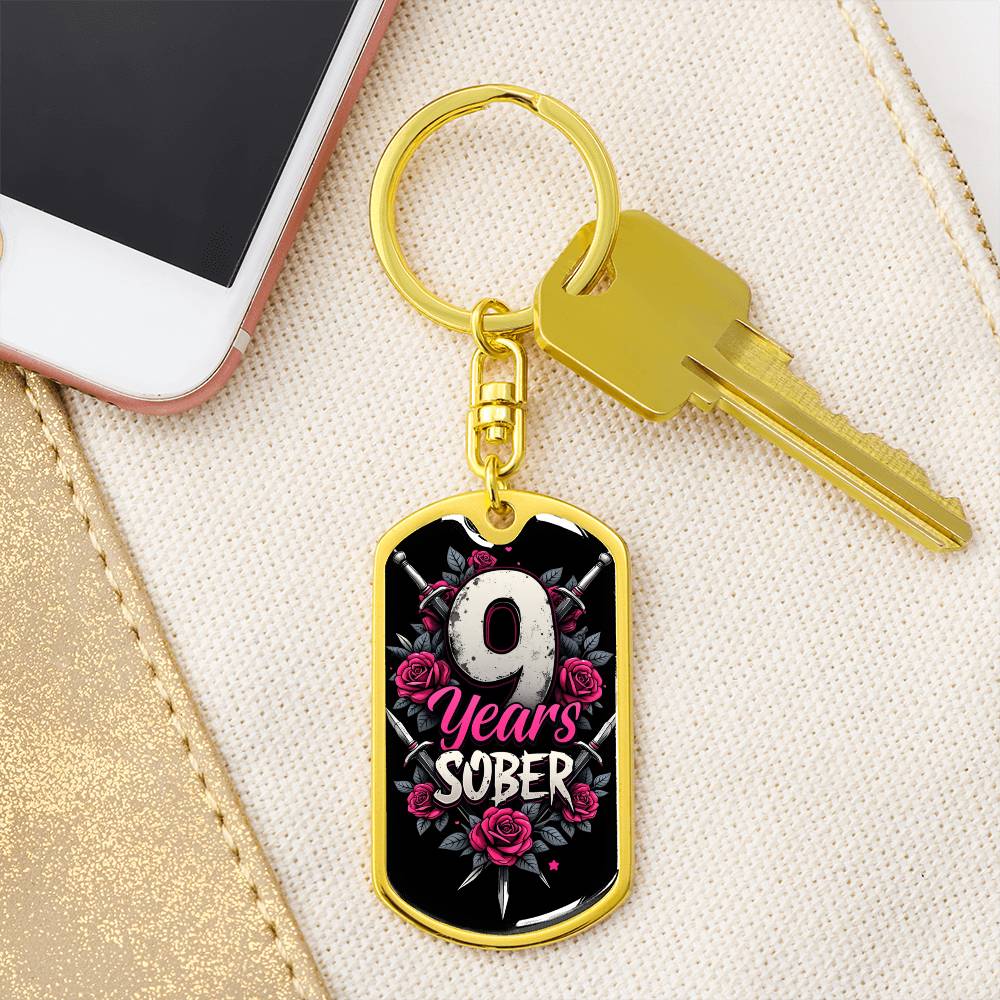 Personalized 9 Years Sober Dog Tag Keychain  | Engraved Sobriety Milestone Gift