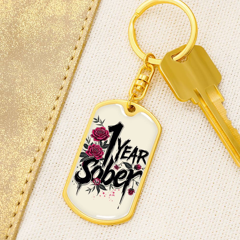 1 Year Sober Dog Tag Keychain - Personalized Sobriety Milestone Gift for Recovery