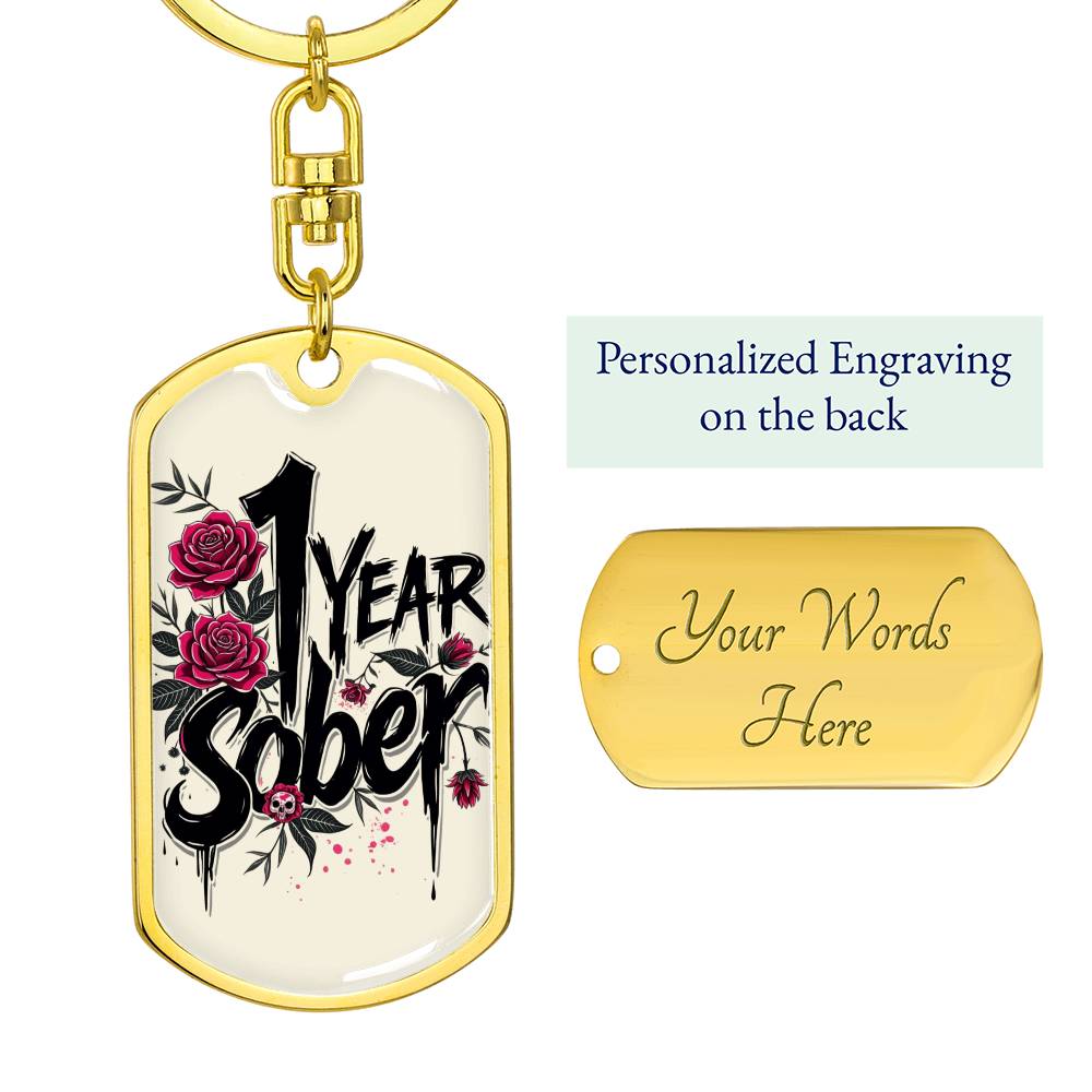 1 Year Sober Dog Tag Keychain - Personalized Sobriety Milestone Gift for Recovery