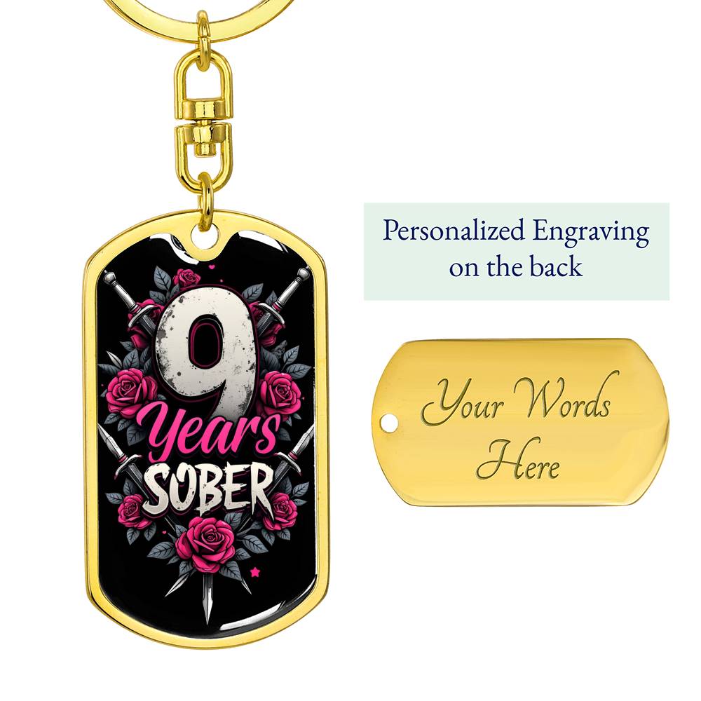 Personalized 9 Years Sober Dog Tag Keychain  | Engraved Sobriety Milestone Gift