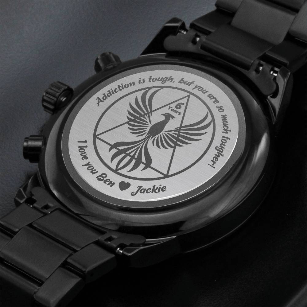 Men's Recovery Watch - Personalized Sobriety Date Engraving ~ Custom Phoenix Design 1-65 years