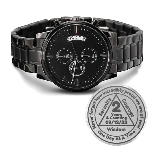 1-65 Years Sober - Gift for Man in Recovery - Sobriety Gift With Custom Date Engraved Watch