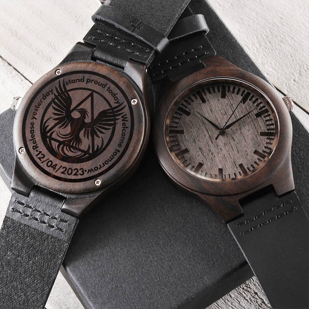 Engraved Wood Watch with Sobriety Phoenix | Rustic Gift for Milestones & Recovery