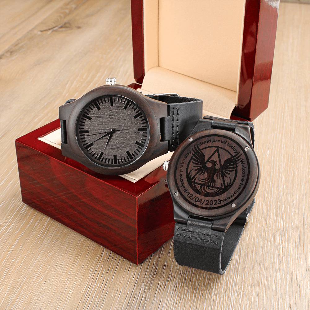 Engraved Wood Watch with Sobriety Phoenix | Rustic Gift for Milestones & Recovery