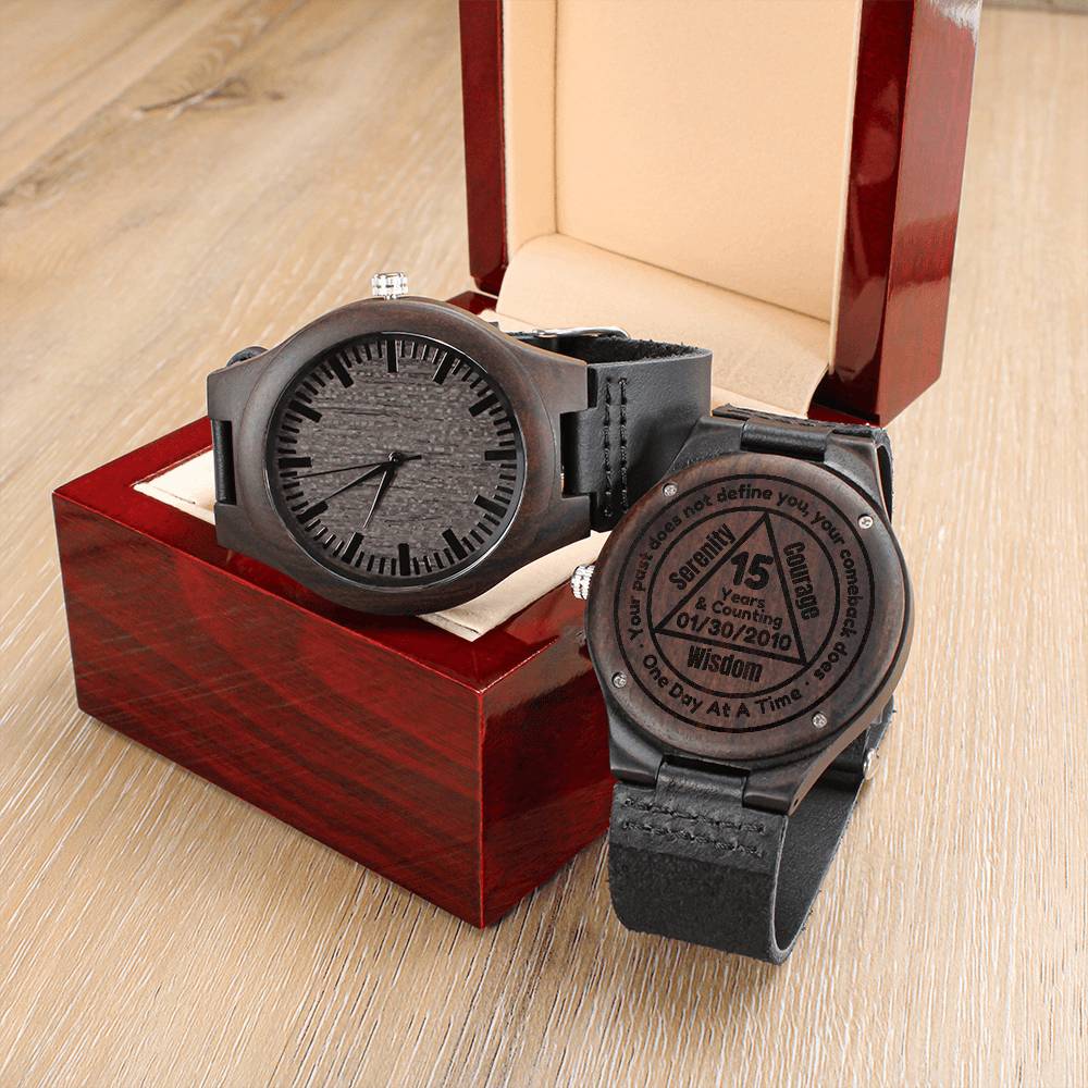 Personalized Engraved Wood Watch | Sobriety Milestone Gift for Recovery