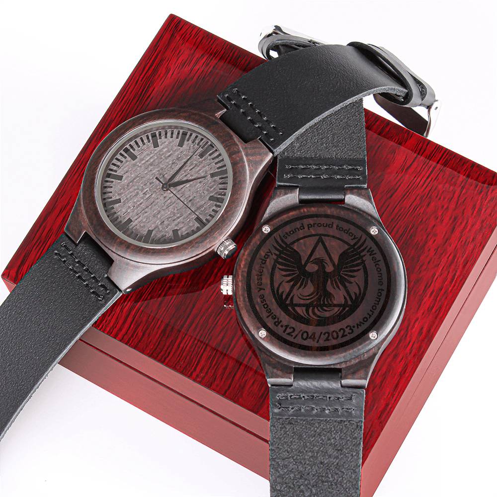 Engraved Wood Watch with Sobriety Phoenix | Rustic Gift for Milestones & Recovery