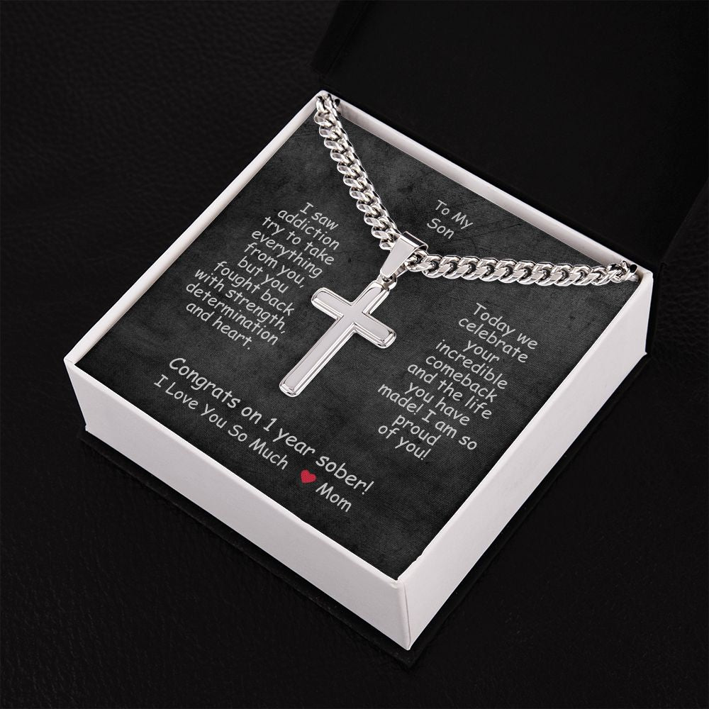 One Year Sobriety Gift For My Son ~ personalized cross necklace