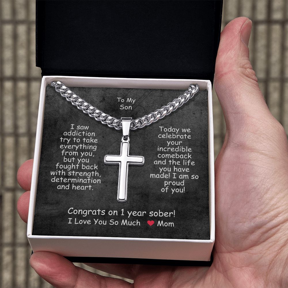 One Year Sobriety Gift For My Son ~ personalized cross necklace