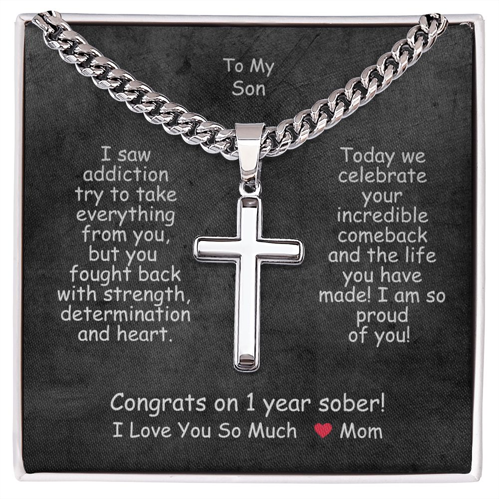 One Year Sobriety Gift For My Son ~ personalized cross necklace