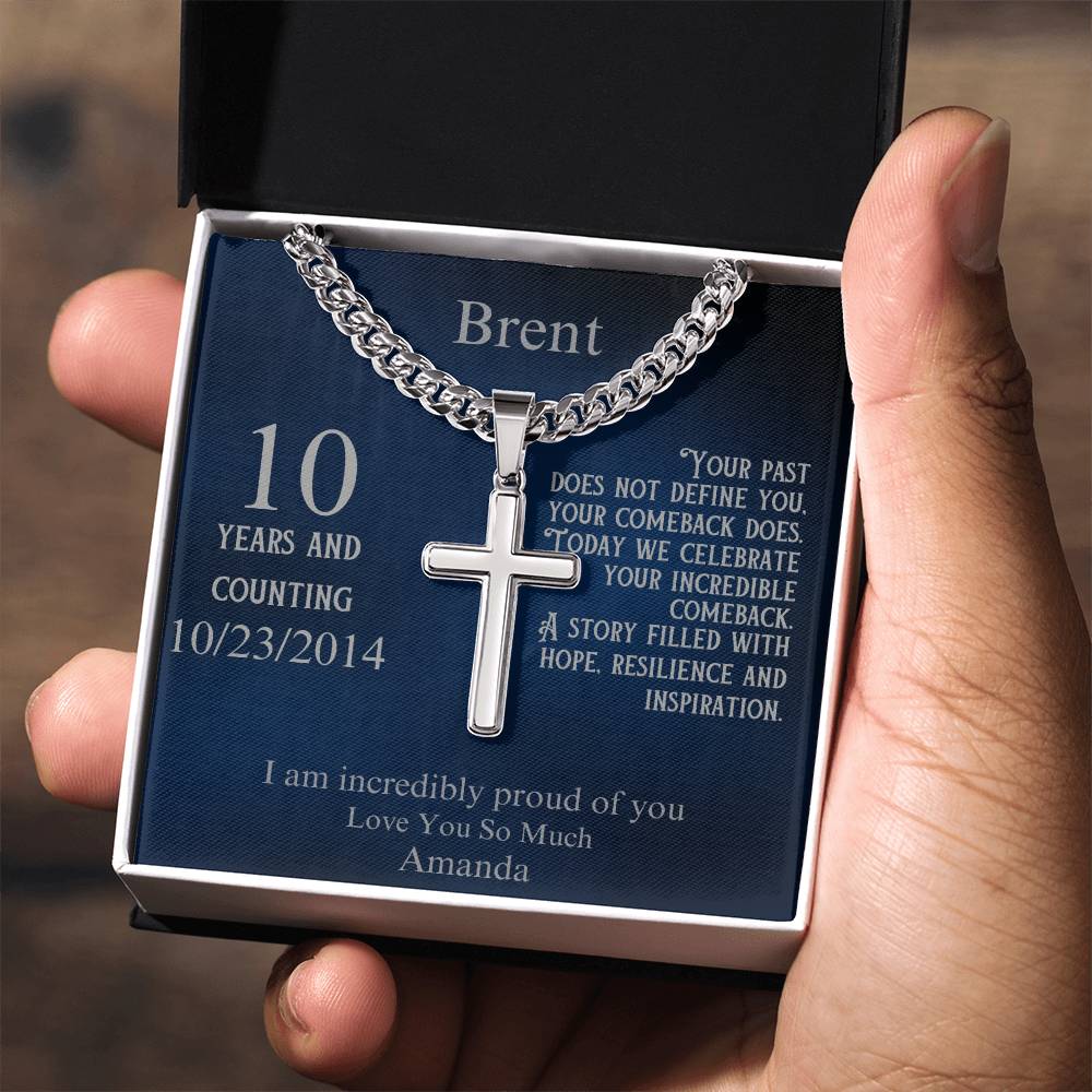 Sobriety Gift 1-65 Year Sober ~ Engraved cross necklace with sobriety date or custom message and personalize image in gift box