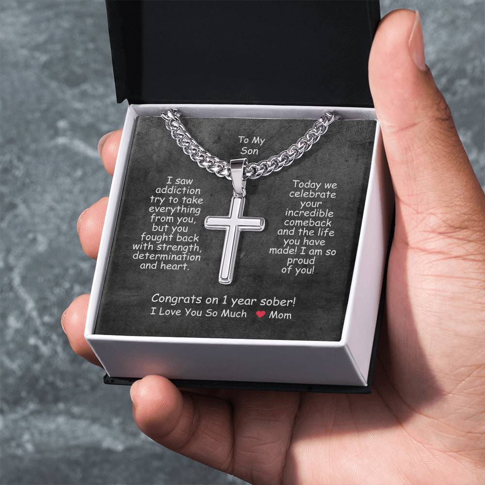 One Year Sobriety Gift For My Son ~ personalized cross necklace