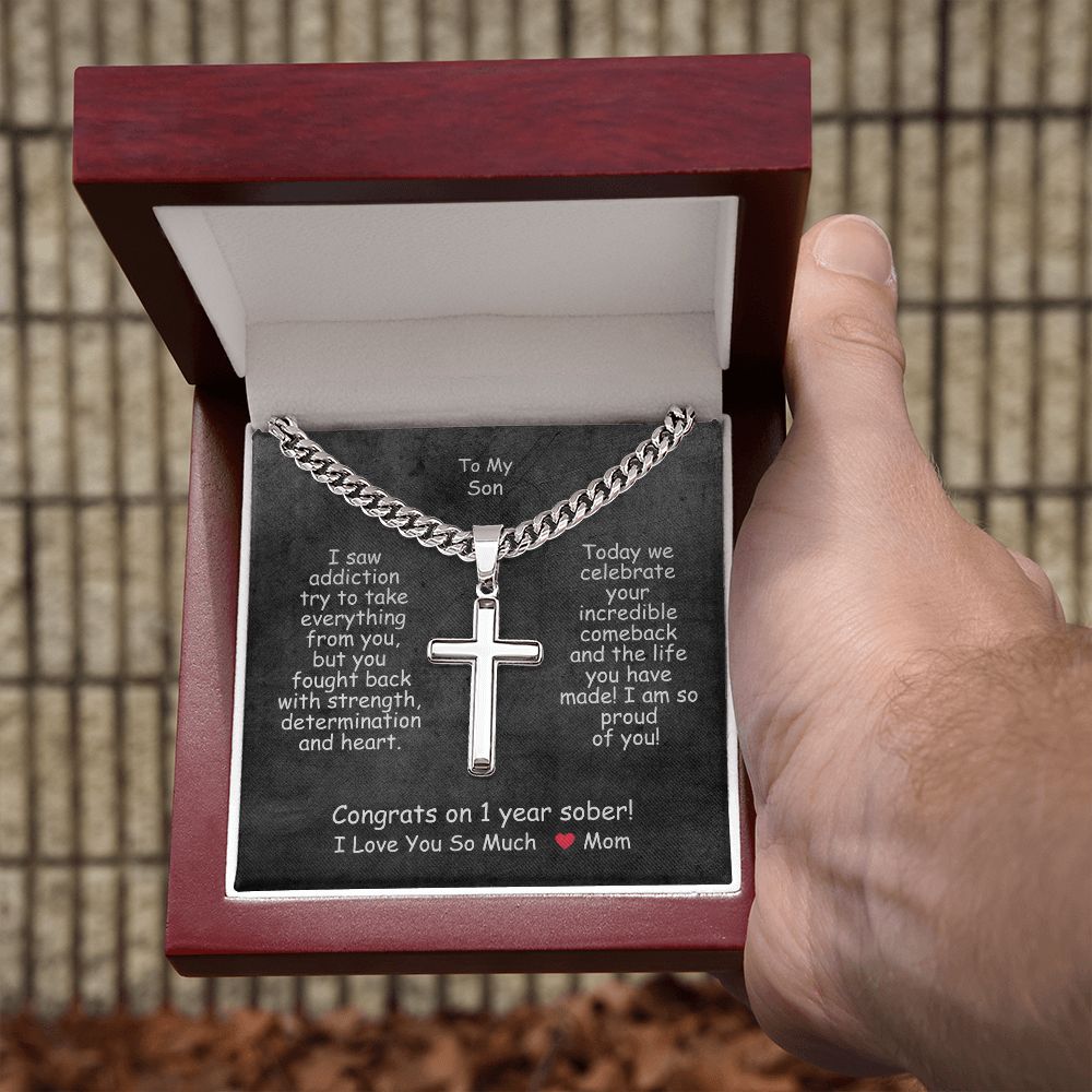 One Year Sobriety Gift For My Son ~ personalized cross necklace