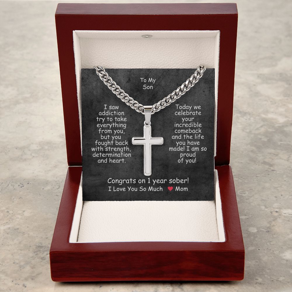 One Year Sobriety Gift For My Son ~ personalized cross necklace