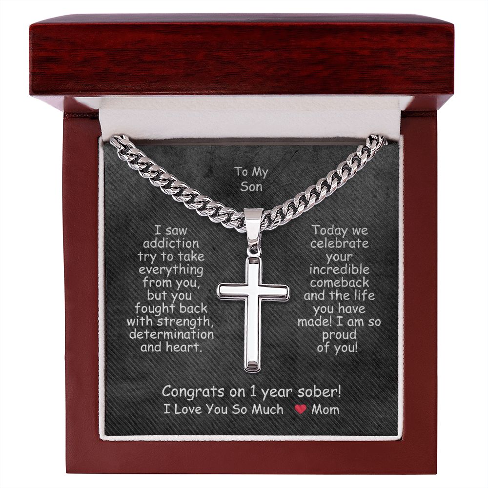 One Year Sobriety Gift For My Son ~ personalized cross necklace