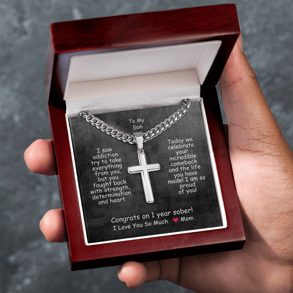 One Year Sobriety Gift For My Son ~ personalized cross necklace