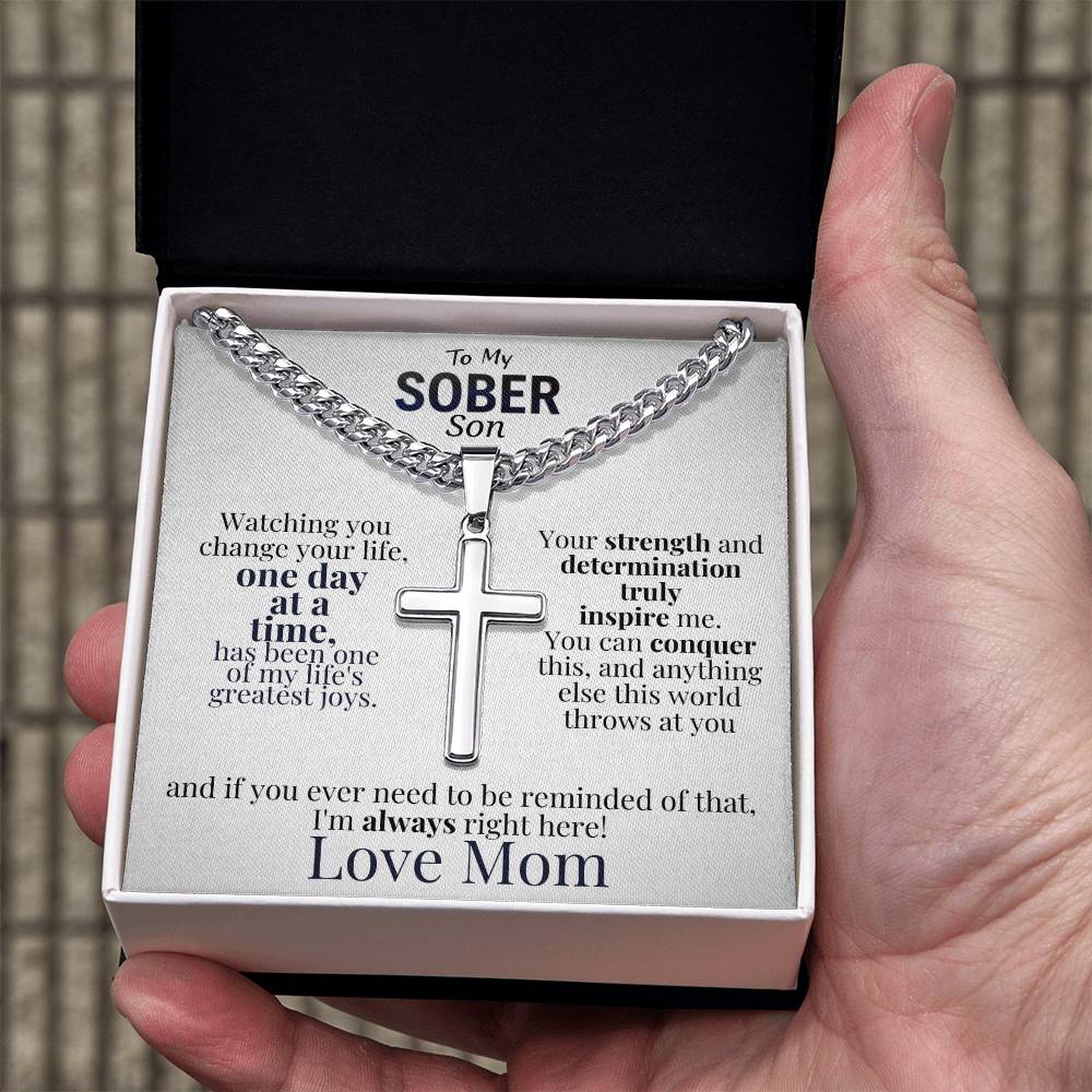 Celebrate Your Son's Sobriety Cross Necklace and Message Card