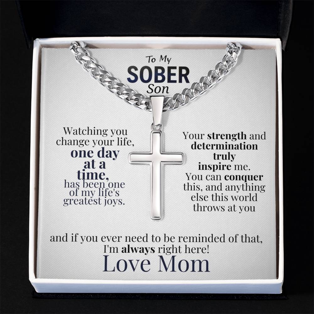 Celebrate Your Son's Sobriety Cross Necklace and Message Card