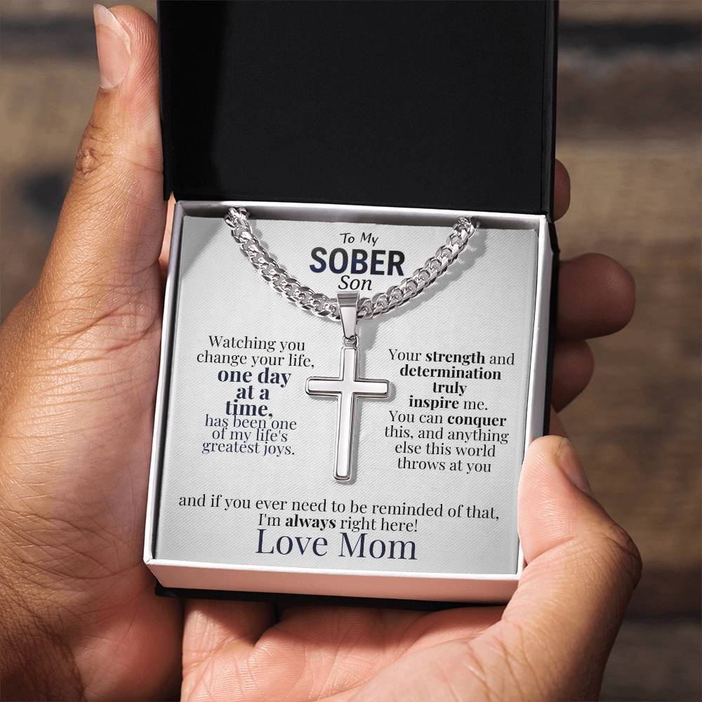 Celebrate Your Son's Sobriety Cross Necklace and Message Card