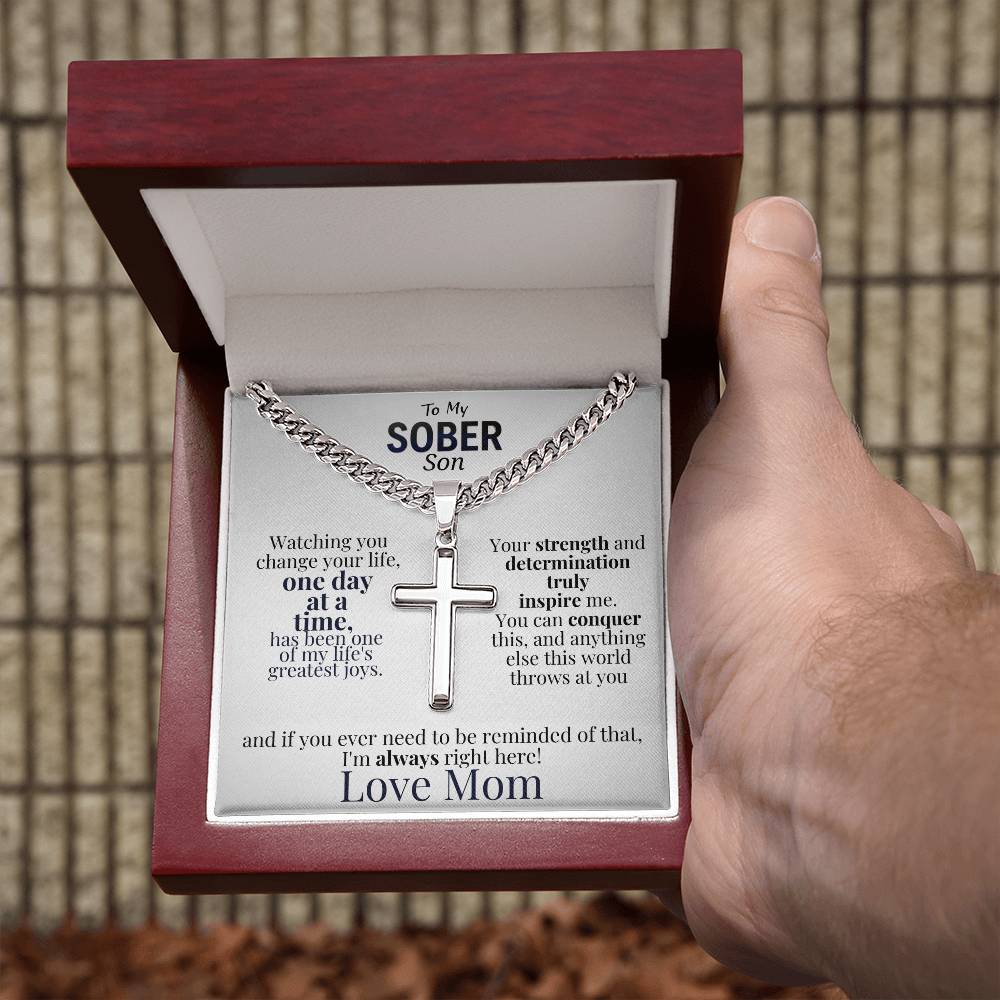 Celebrate Your Son's Sobriety Cross Necklace and Message Card