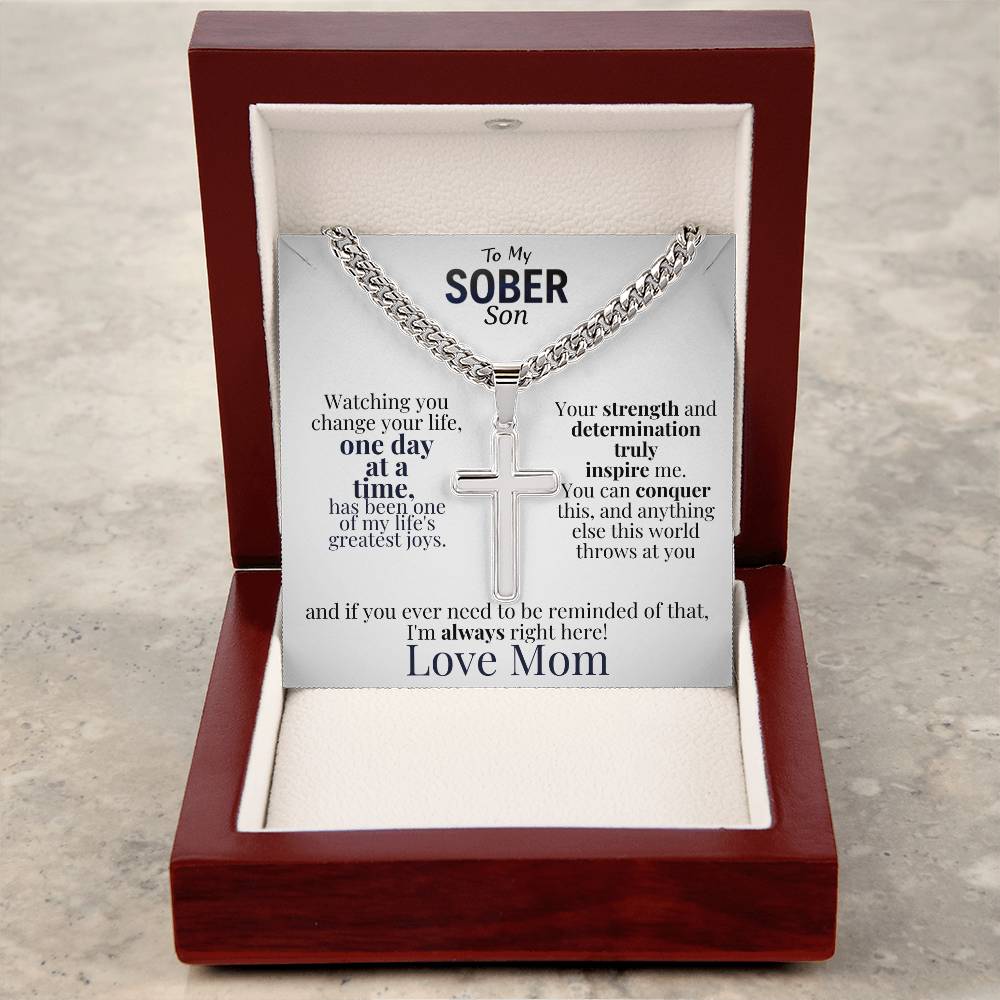 Celebrate Your Son's Sobriety Cross Necklace and Message Card