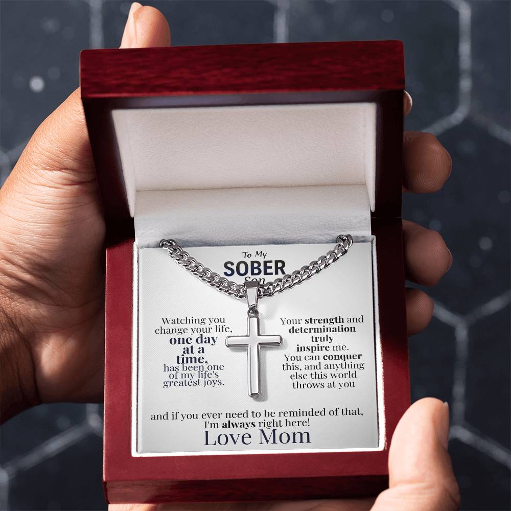 Celebrate Your Son's Sobriety Cross Necklace and Message Card