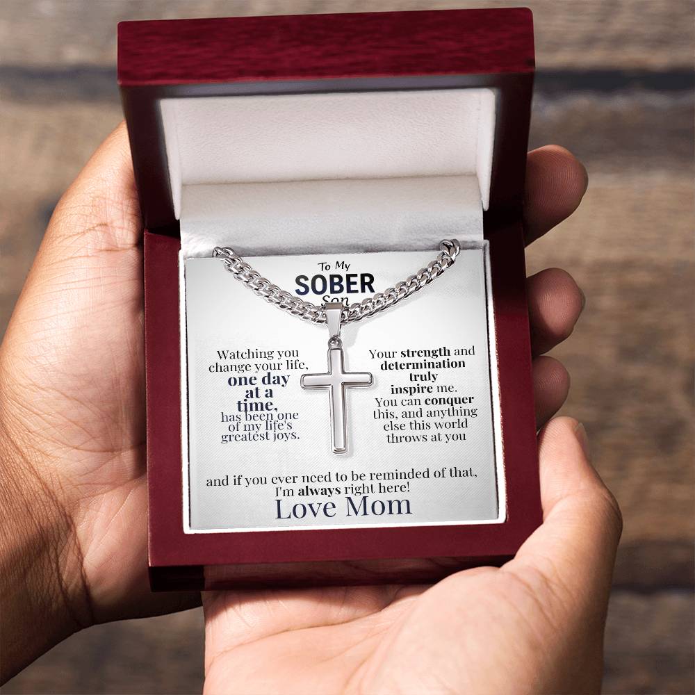 Celebrate Your Son's Sobriety Cross Necklace and Message Card