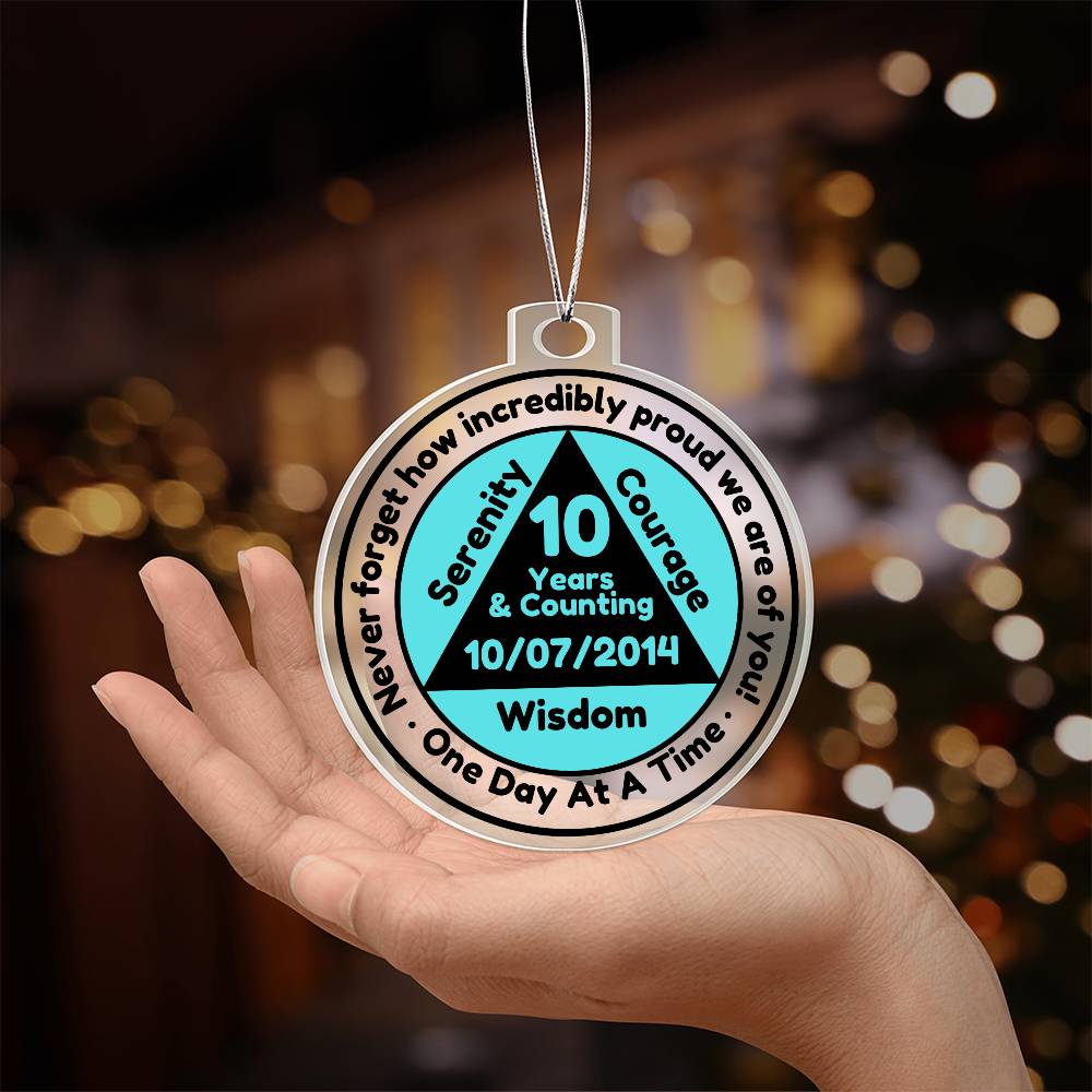 Custom Sobriety Date Ornament ~ One Day At A Time ~ Blue/transparent