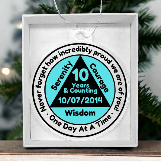 Custom Sobriety Date Ornament ~ One Day At A Time ~ Blue/transparent